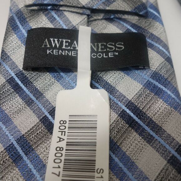New Kenneth Cole Awearness Silk Men's Tie Gray Black Blue Silver Stripe - Picture 5 of 7